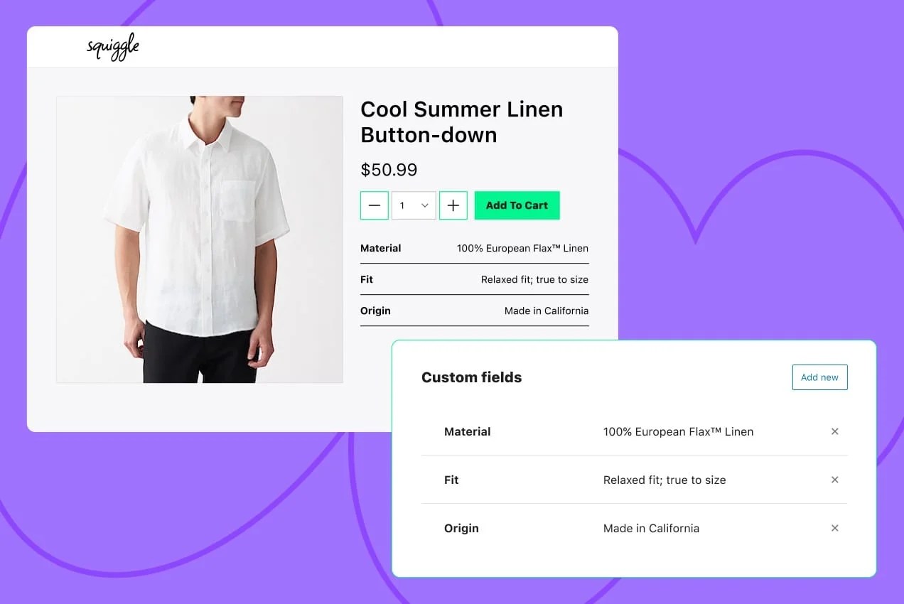 additional fields added to linen shirt product — material, fit, and origin