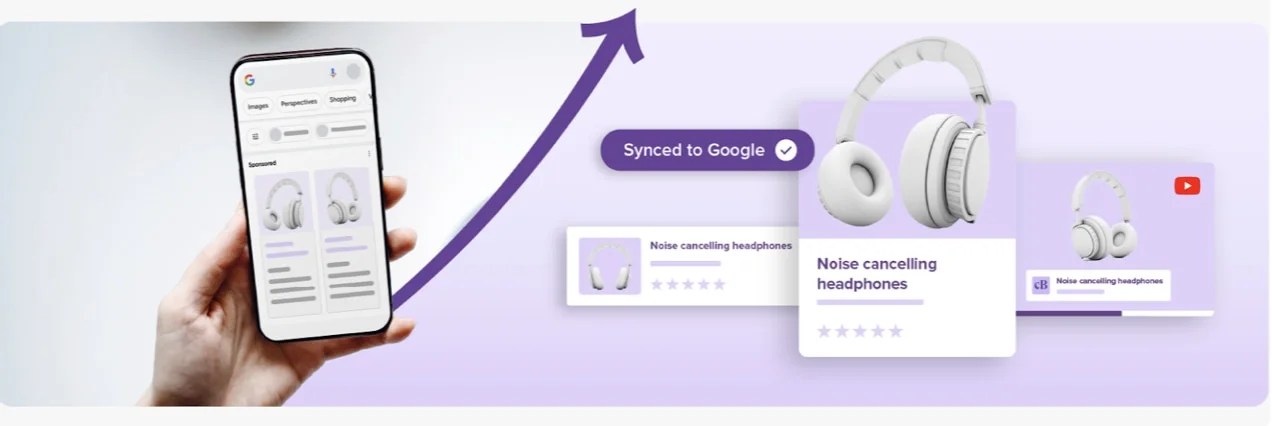 Banner with images illustrating Woocommerce products synced with google.