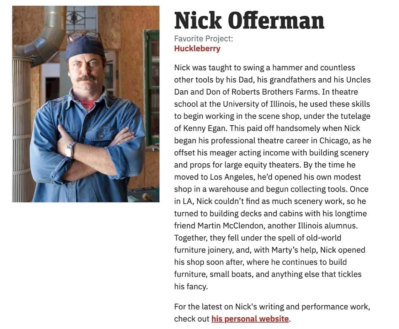 Content section: image of Nick Offerman on the left, and a title, favorite project term, and paragraph on the right.