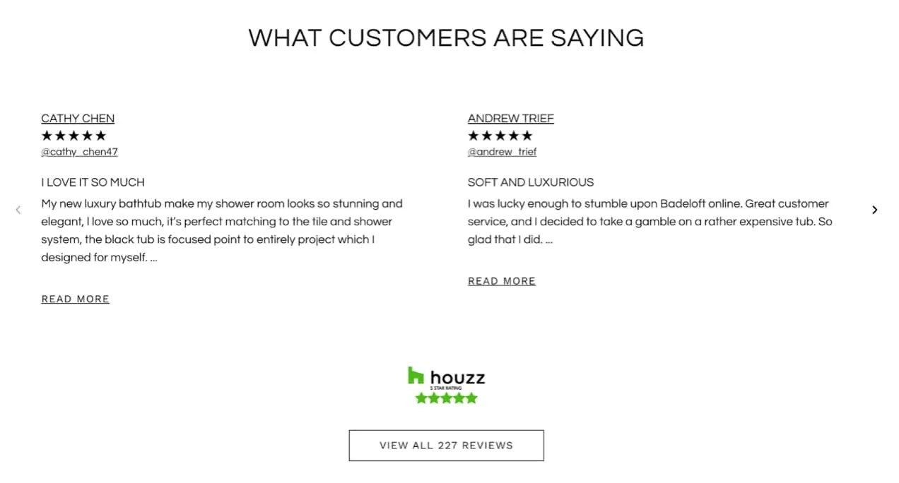 Two column houzz review layout with a title above and a call to action below.