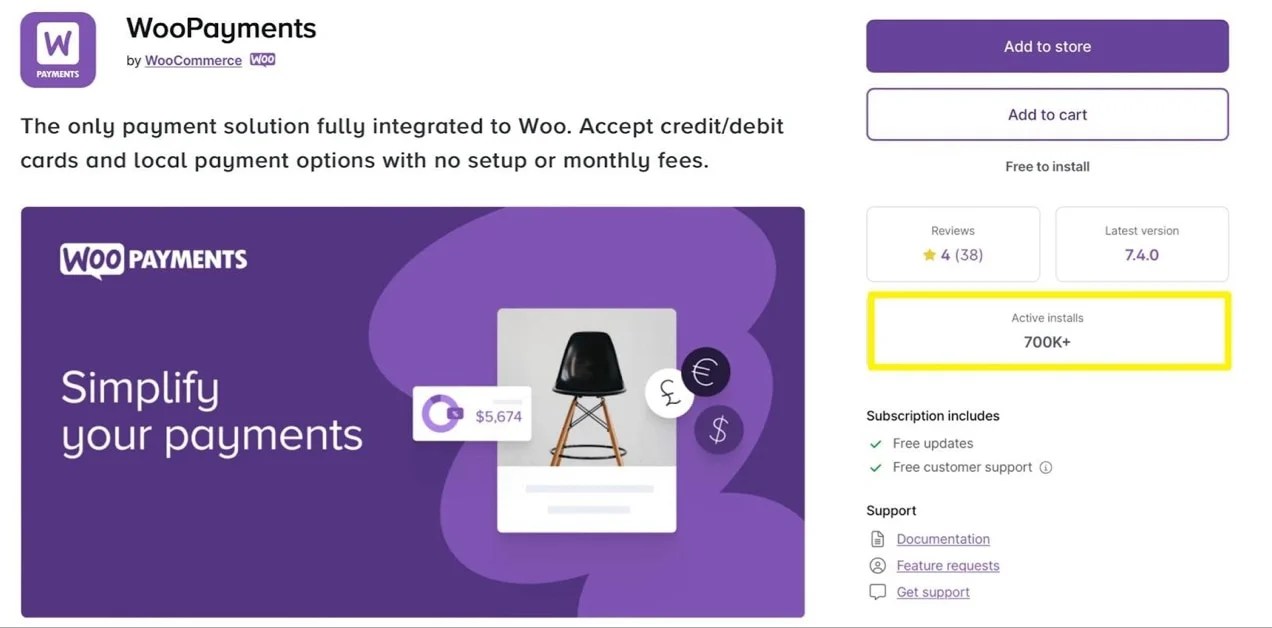WooPayments product page with the number of active installs at 700k+ highlighted