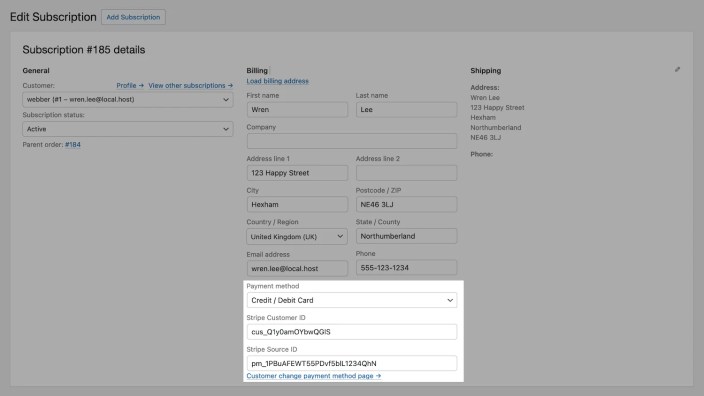 The admin change payment method feature provides a way for payment gateways to allow store managers to add or edit a subscription's payment method. 