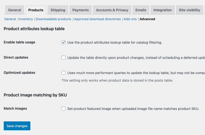 "Enable table usage" toggle for the "Product attributes lookup table" settings.