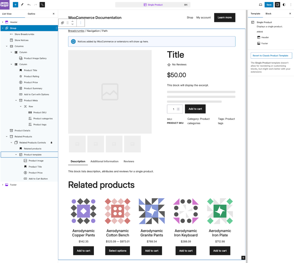 The Single Product template, with the list view expanded to show all its component blocks.