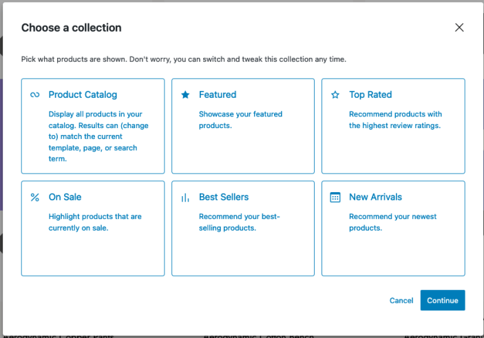 A window prompting to "Choose a collection" with the options of: product catalog, featured products, top rated products, on sale products, best sellers, or new arrivals.