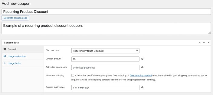 A basic example of a (fixed) recurring product coupon.