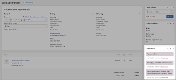 The Subscription's Order notes records the renewal, order creation, and order failure.