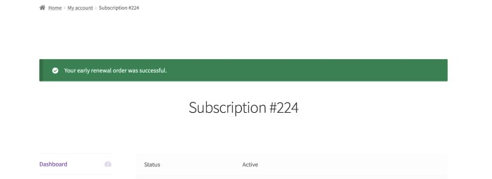 The appearance of a subscription that was successfully renewed via the modal overlay