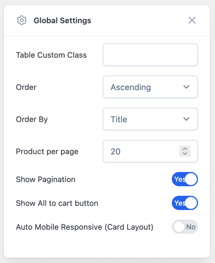 WooCommerce Product Table Global Settings