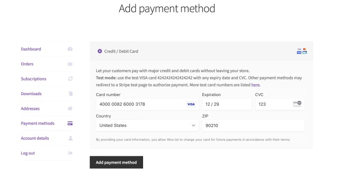 Adding a new payment method to the My Account area using a test credit card that will decline to process due to insufficient funds. 