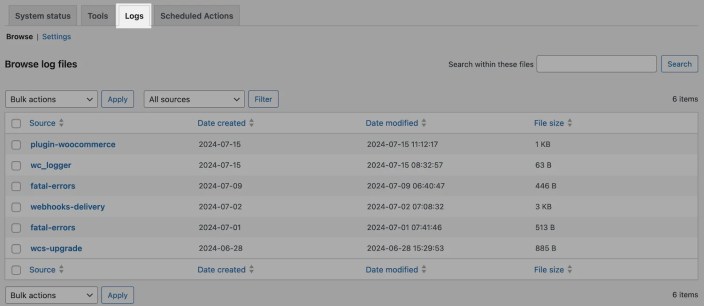 WooCommerce Subscription logs start with "wcs" when viewing the Logs tab under WooCommerce > Status. 