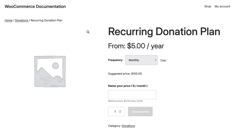 A page product for a product titled "Recurring Donation Plan" with an option to select a frequency and enter a price.