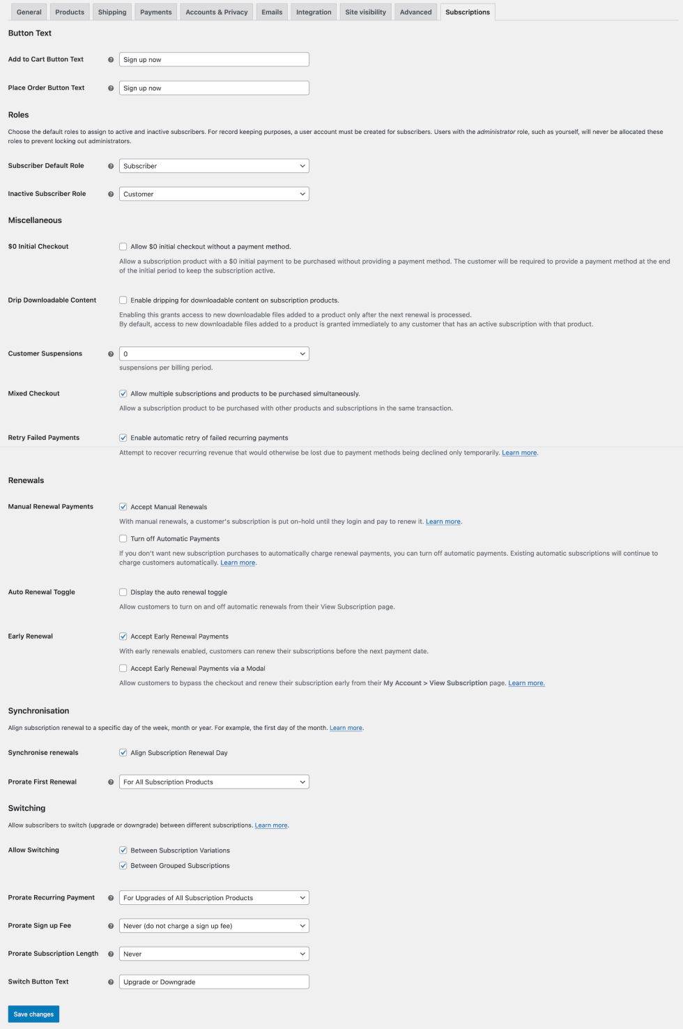 WooCommerce Subscriptions Settings Screen