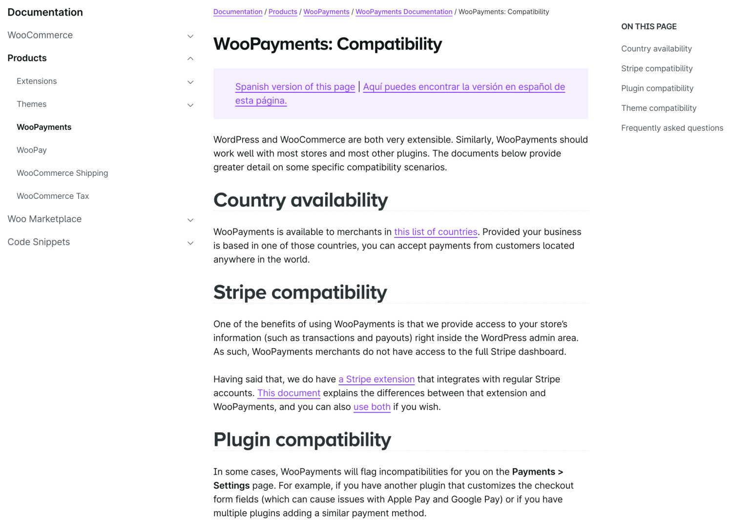 WooPayments documentation illustrating country availability, as well as Stripe and plugin compatibility.