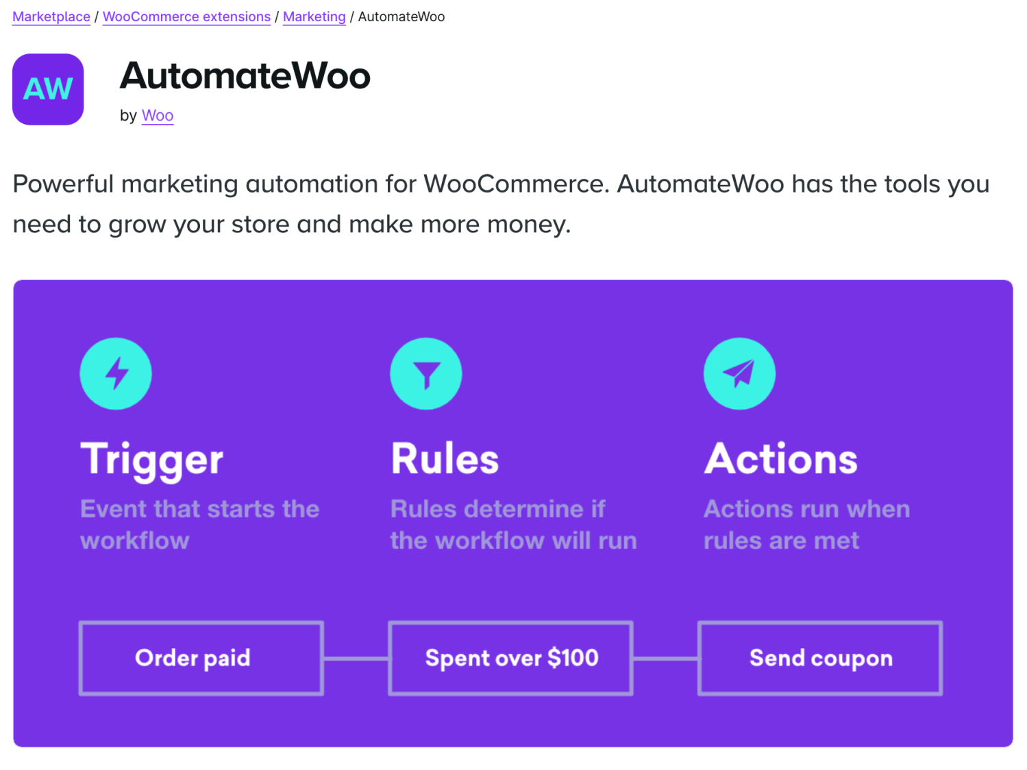 Product page for AutomateWoo, a WooCommerce extension.