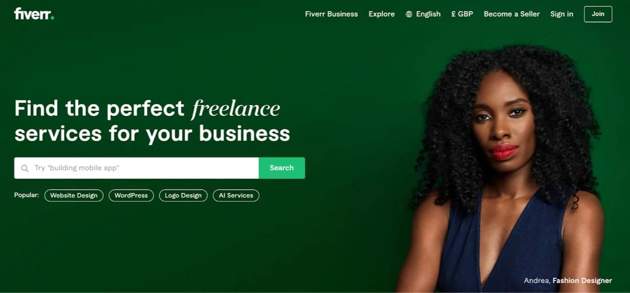 Fiverr homepage with an image a female freelancer as well as a title, menu, and search field.