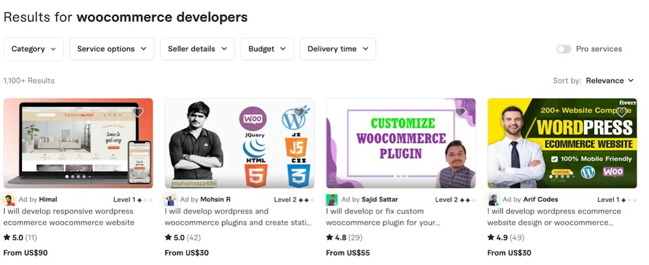 Woocommerce developer search on a freelancer platform.