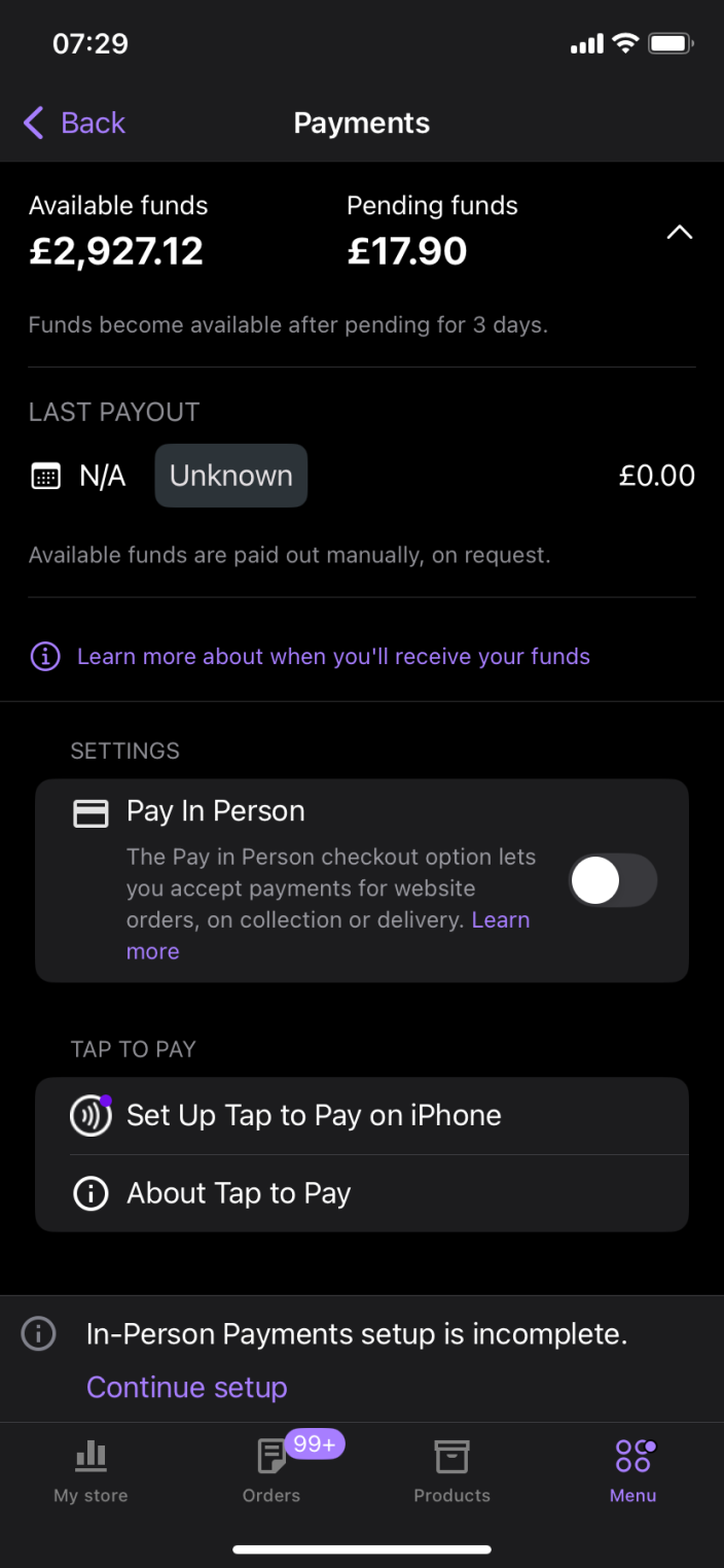 From the "Menu" screen "Payments" can be selected for a WooPayments overview (if set up on the connected site), enable Pay In Person, and set up Tap to Pay. 