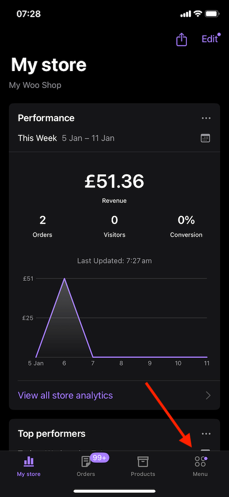 From the app's default "My Store" page, the "Menu" option is visible at the bottom right. 