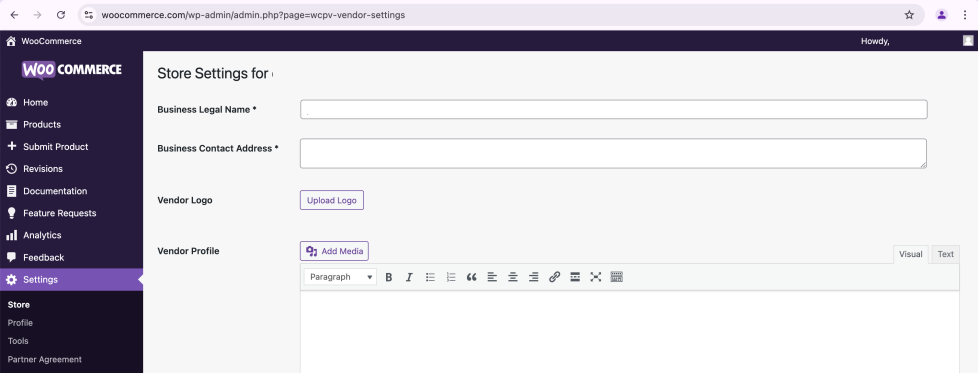 Screenshot of settings for the top of the WooCommerce Marketplace Partner Dashboard.