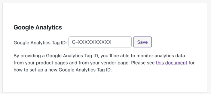 Screenshot of field to add Google Analytics in the vendor dashboard.