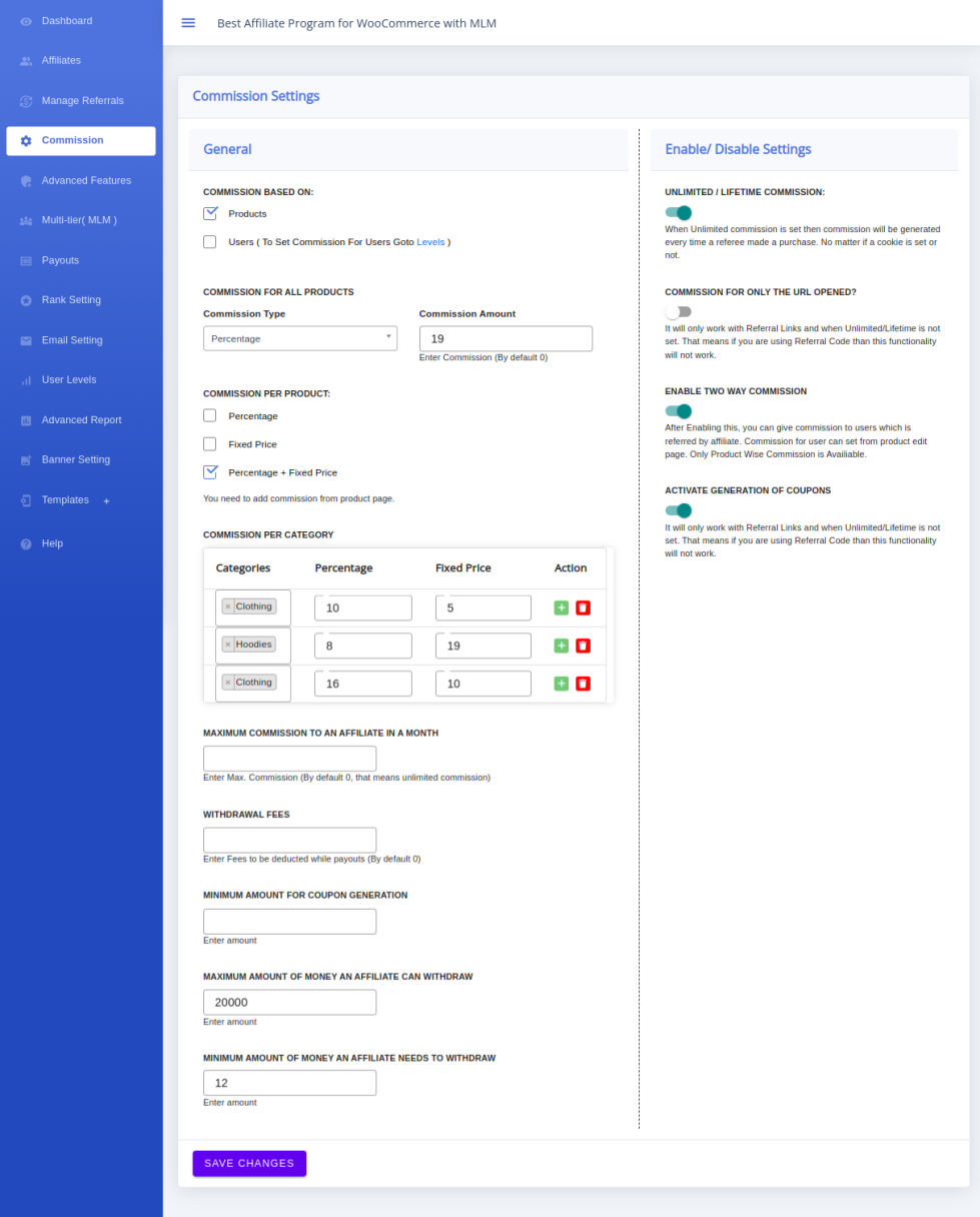 Affiliate & Referral Commission Setting