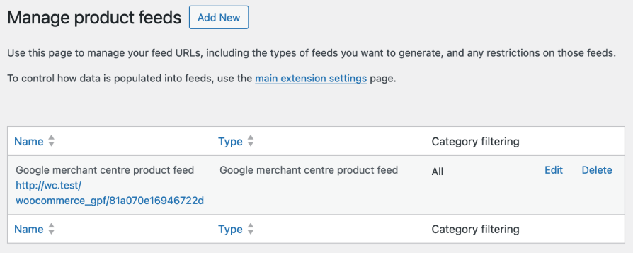 Screenshot of the "Manage Product Feeds" page provided by the Google Product Feed extension.