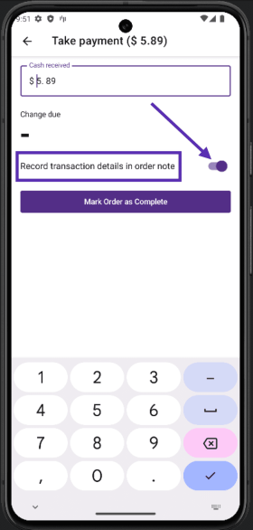 The payment screen with the cash amount and 'Mark Order as Complete' buttons displayed.