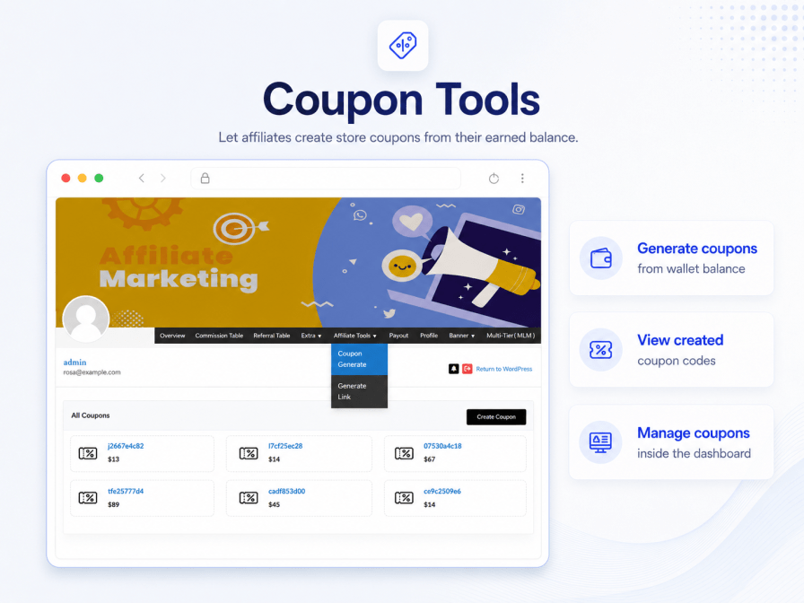 Affiliate coupon tools showing store coupons generated from the wallet balance
