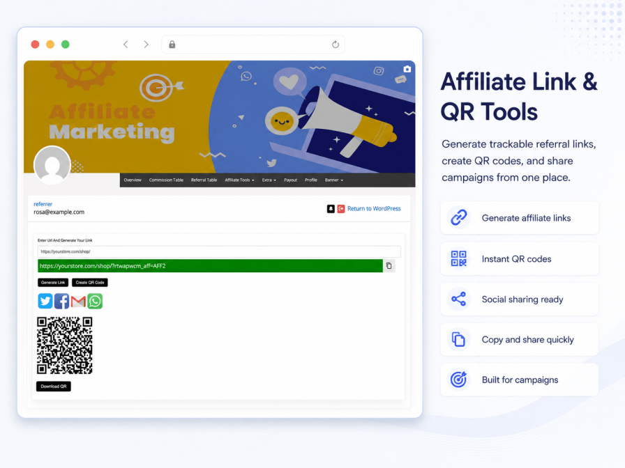 Referral link generator with QR code download for any store URL