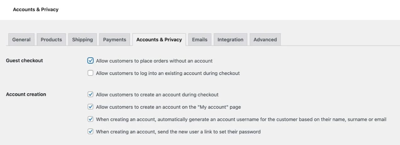 Accounts and Privacy settings in WooCommerce.