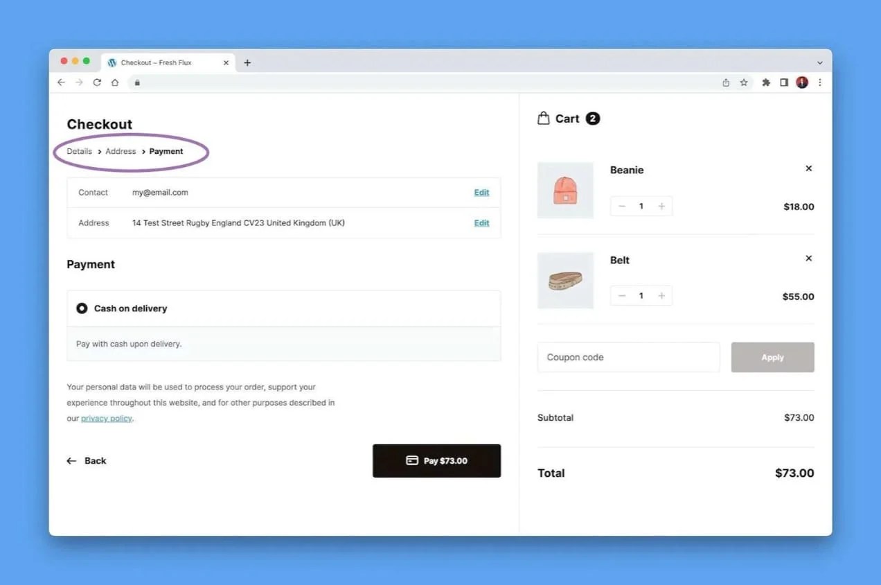 WooCommerce Checkout payment screen for hat and belt products.