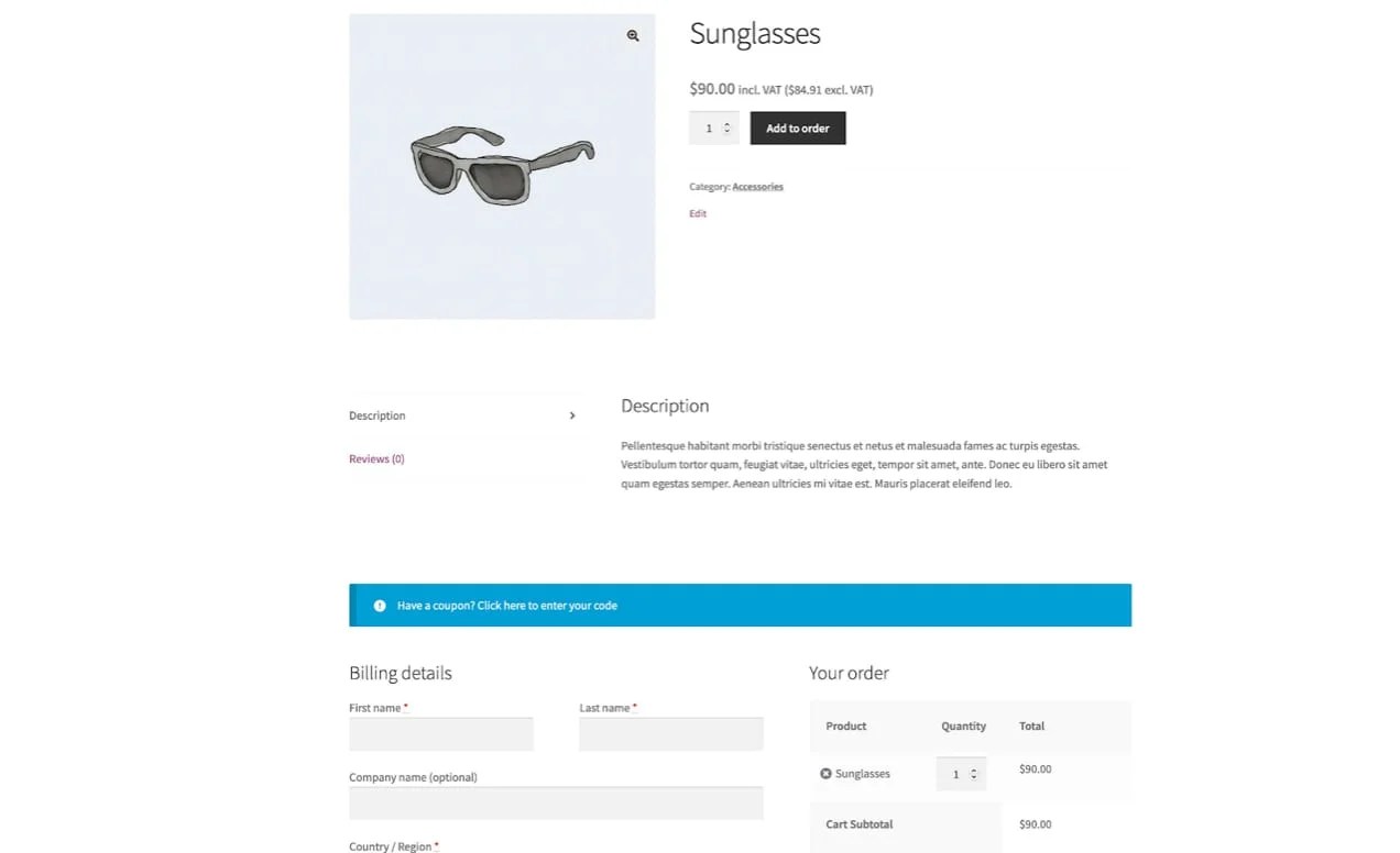 Sunglasses product page with a 