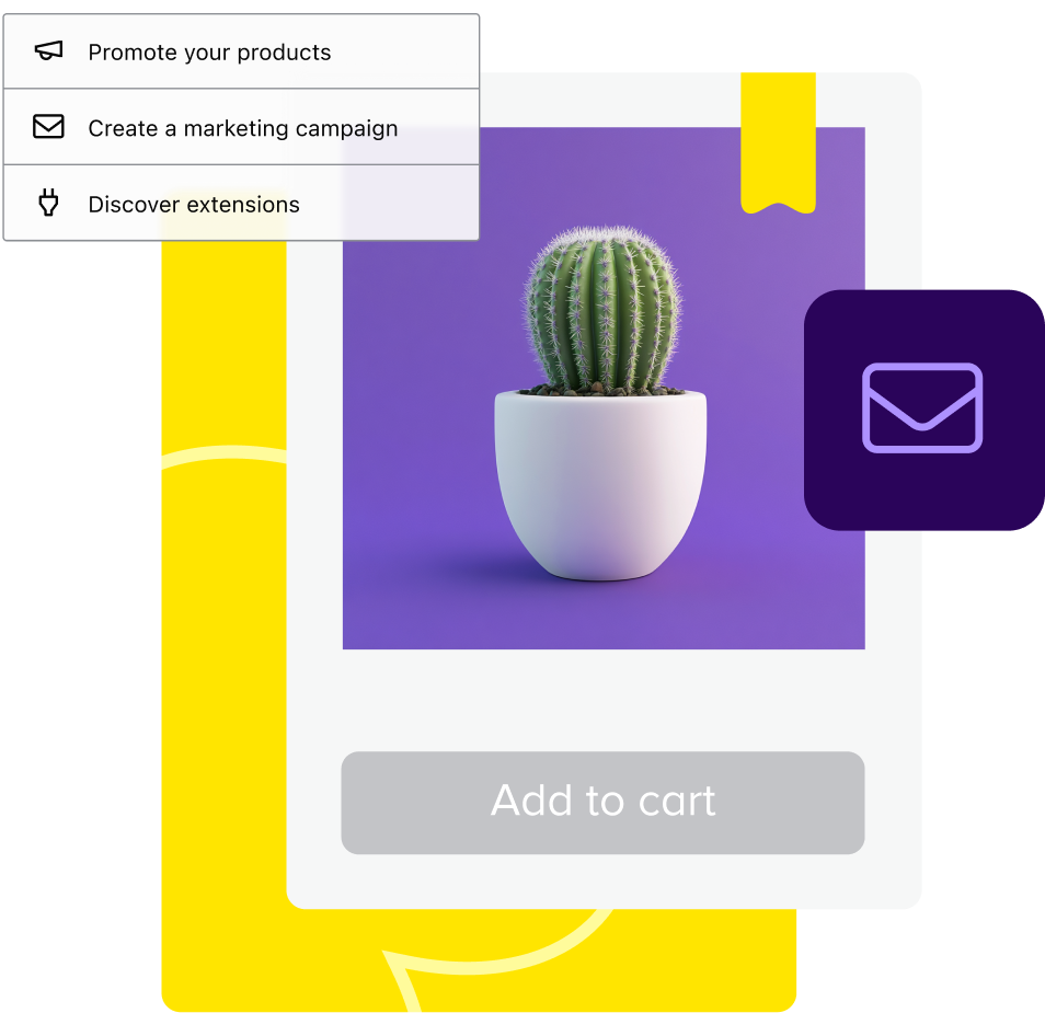 Ecommerce interface with cactus product and 'Add to cart' button on purple and yellow background.