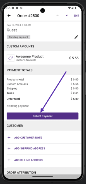 The details page of an order with the total and 'Collect Payment' button displayed.