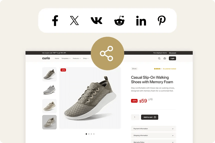 Social media integration in Cusio theme to enhance product visibility and engagement in your WooCommerce store.