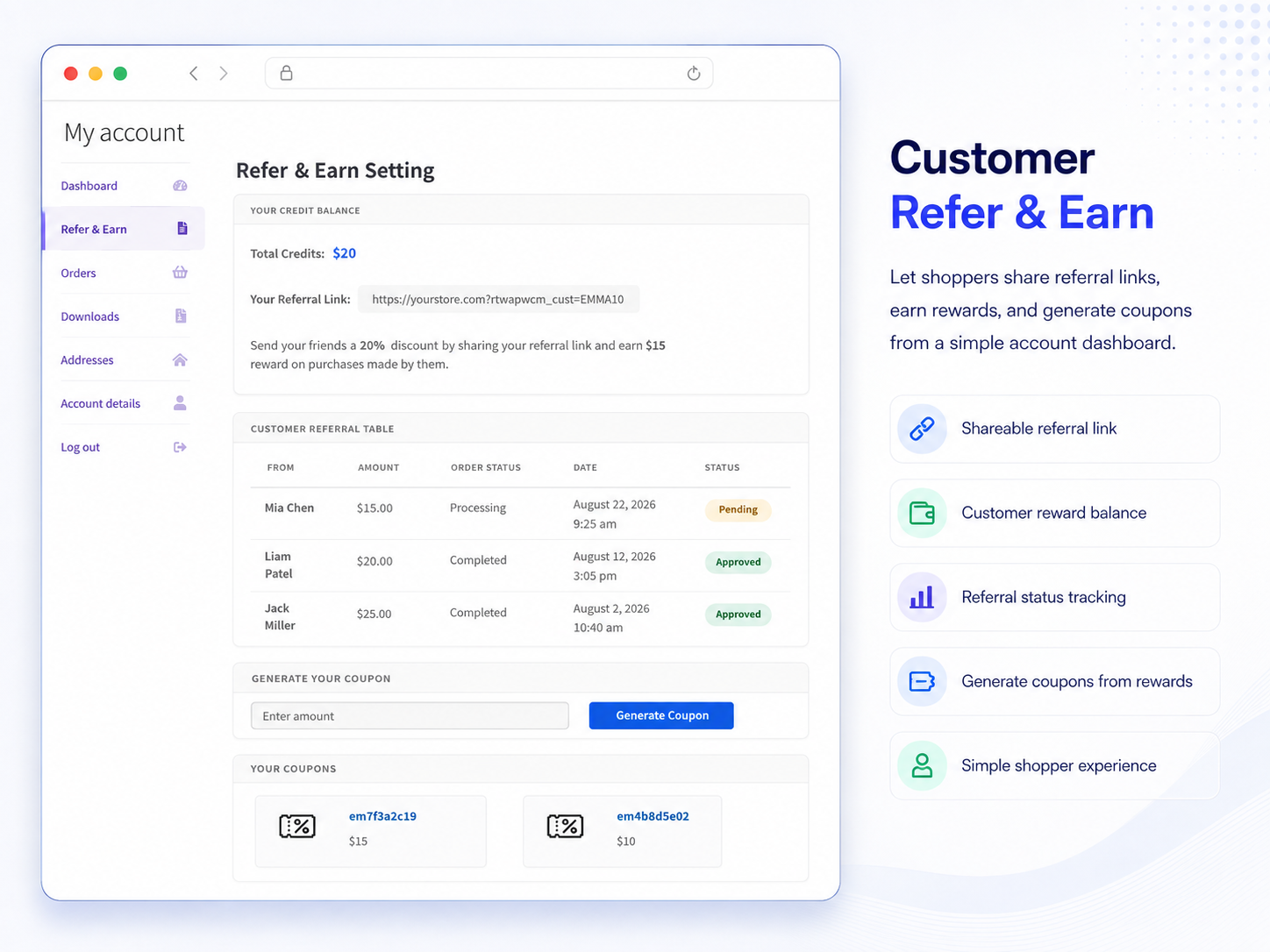 Customer referral dashboard in My Account with store credit, referral link, history and generated coupons