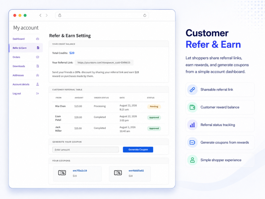 Customer referral program dashboard in My Account with store credit, referral link, referral history and generated coupons