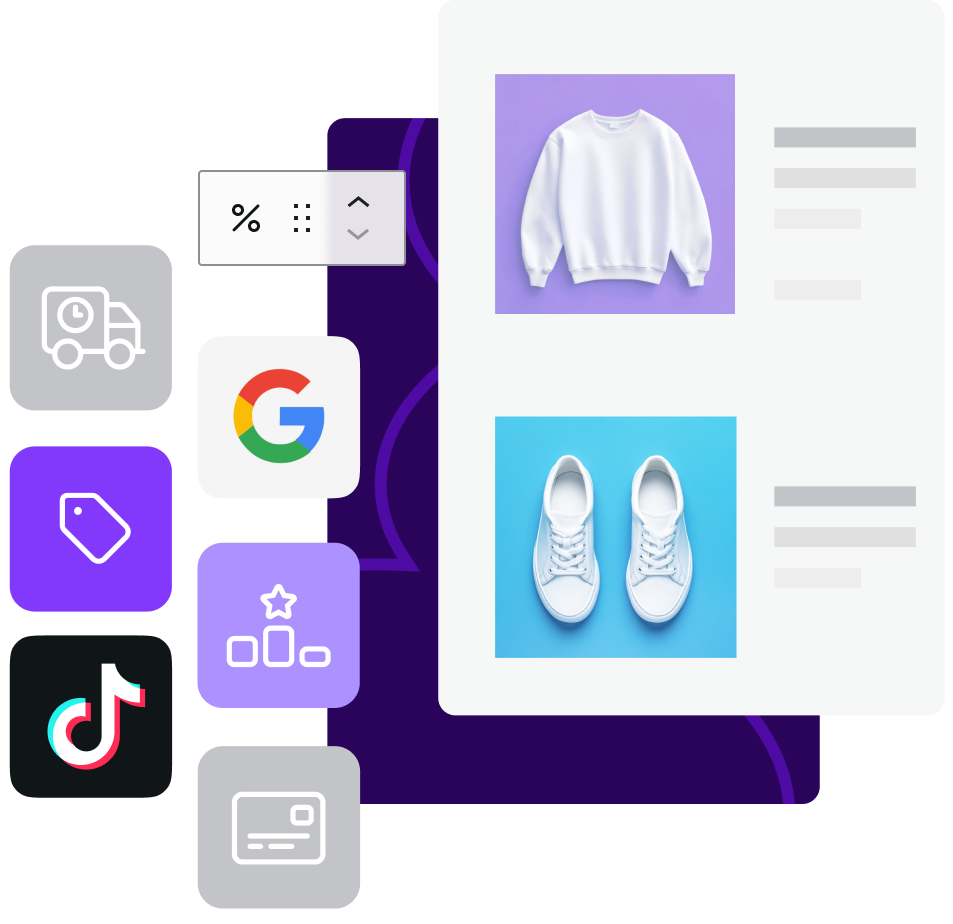 Collage of ecommerce and social media icons with a white sweatshirt and sneakers.