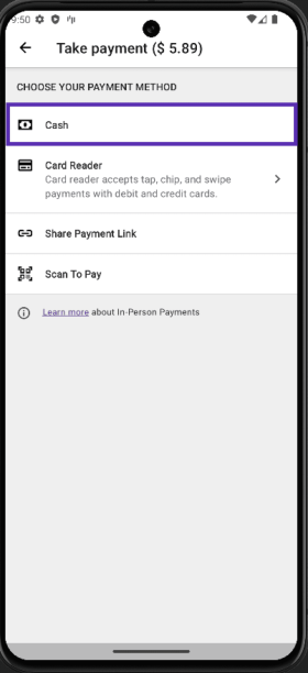 The payment screen with payment method options displayed.