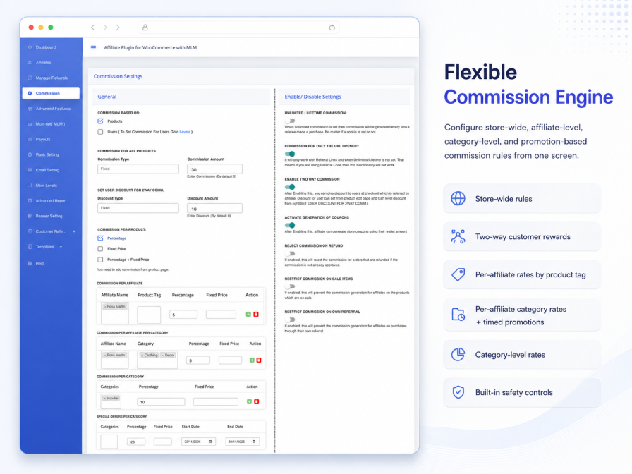 Commission rule settings with global, per-product, per-affiliate and category rates plus date-windowed offers