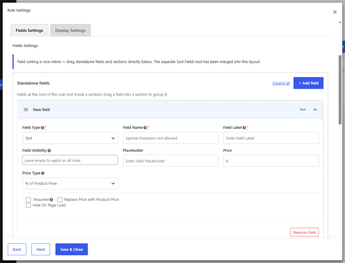 Custom Product Field Settings