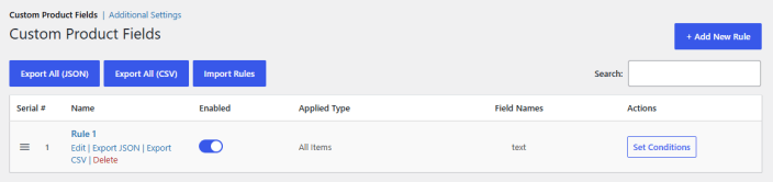 Custom Product Fields Settings - Global Rules