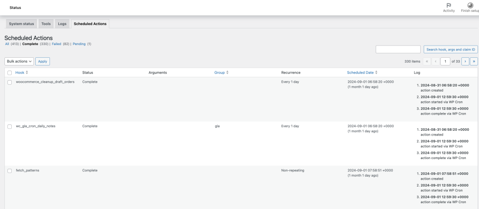 A screenshot of the WooCommerce Scheduled Actions tab