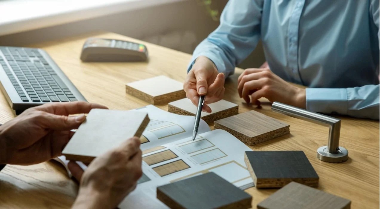 two people reviewing wood flooring samples