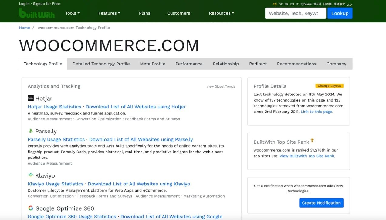 Built With search for woocommerce.com under technology profile.