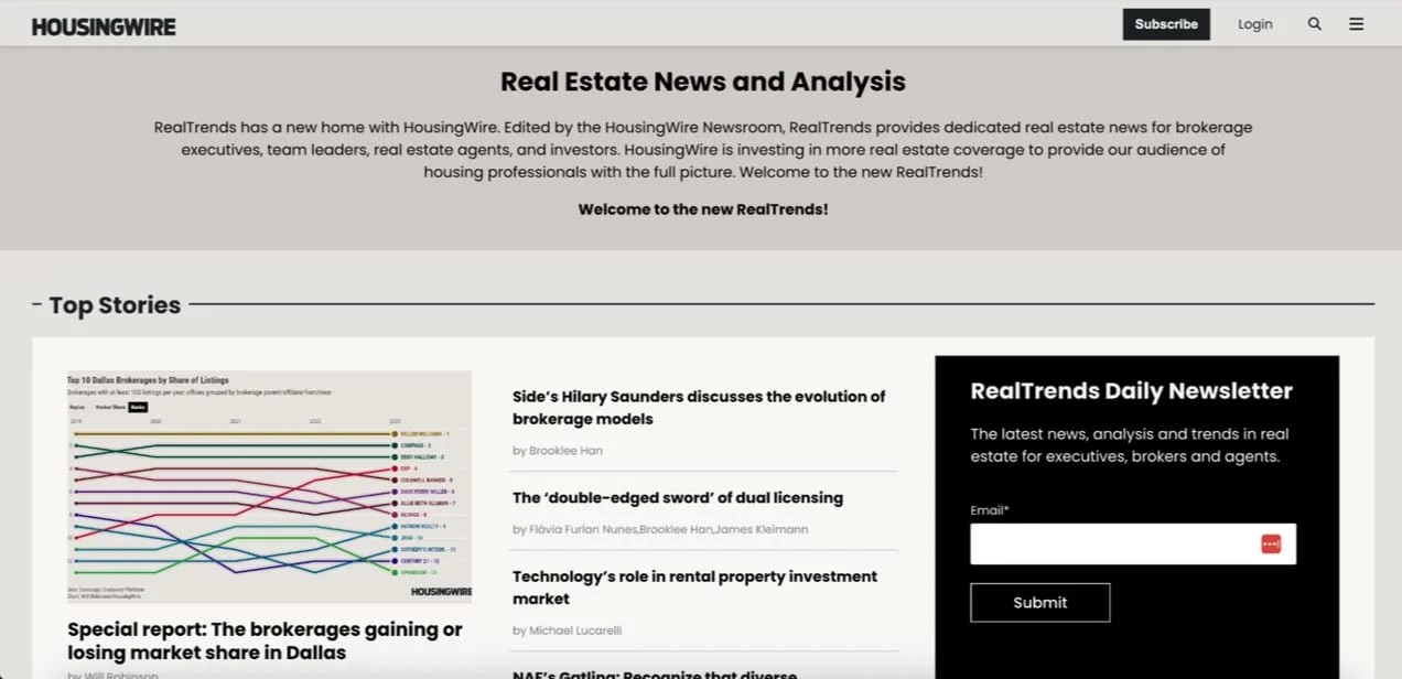 Housing Wire webpage with category info and featured articles.