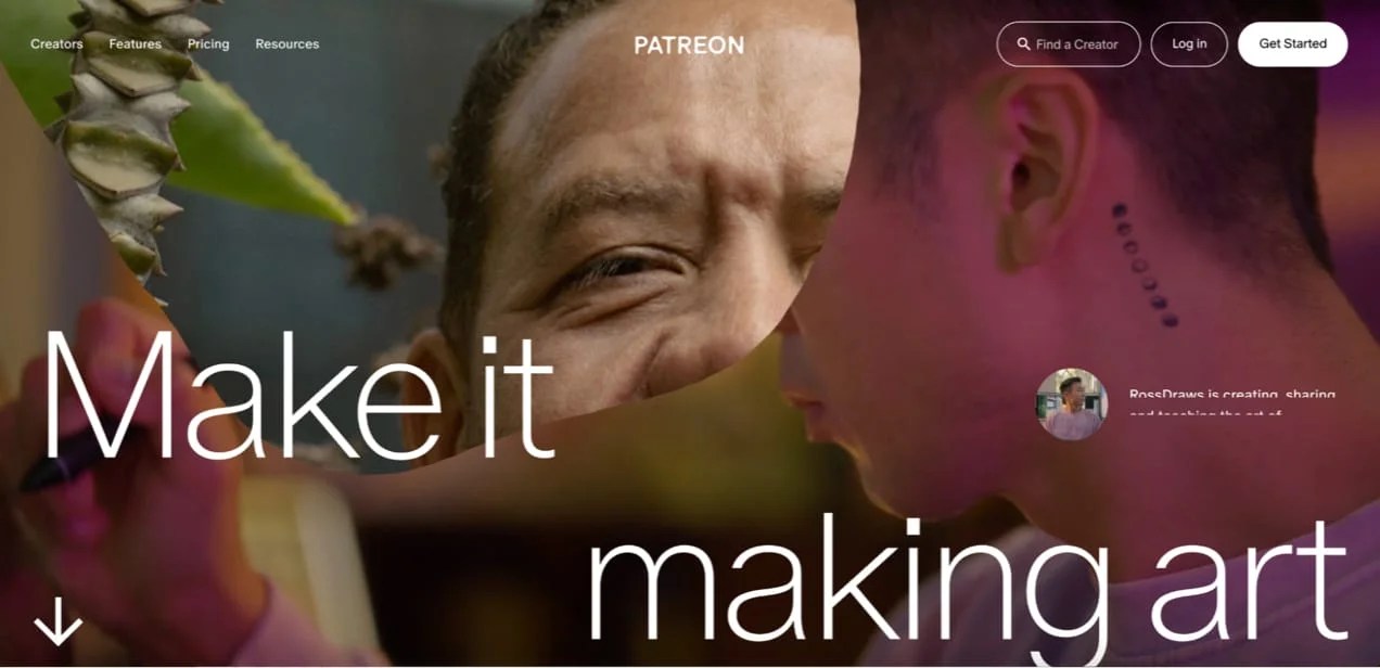 Patreon homepage with juxtaposed imagery and the tagline - make it, marking art.