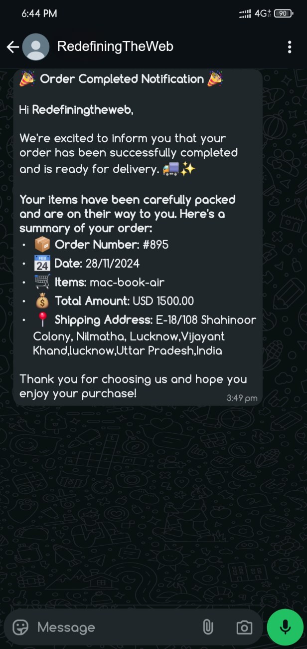 WooCommerce Order complete whatsapp