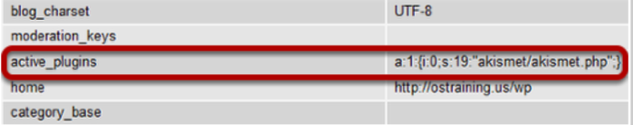 Screenshot of the active_plugins row in the wp_options table of a WordPress site database
